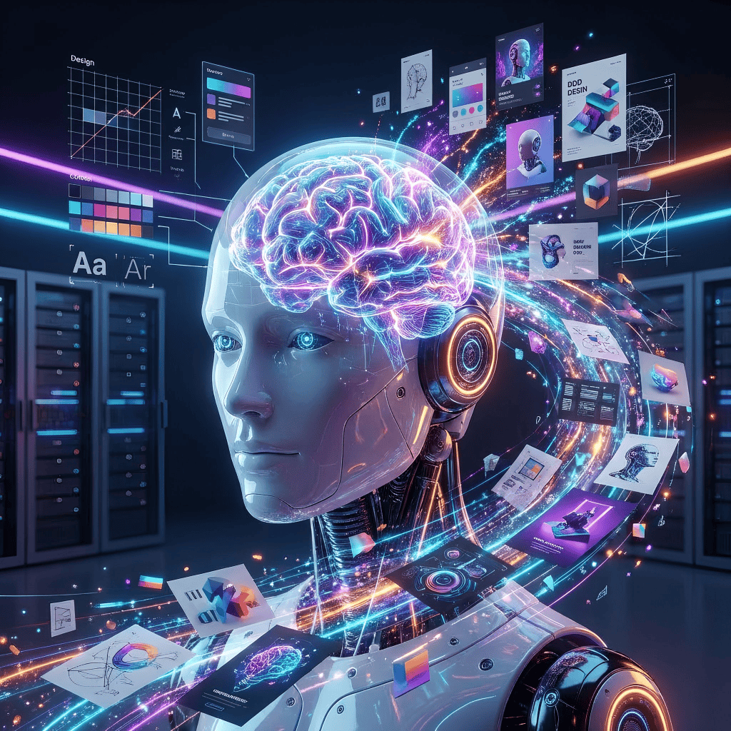 AI neural brain generating digital images and graphic designs