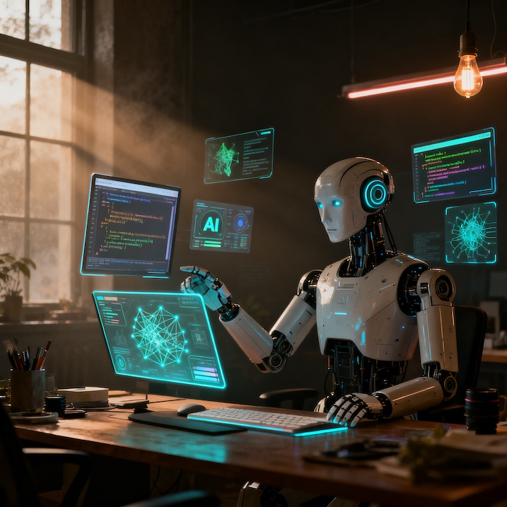 Creative professional working with AI tools on multiple glowing digital screens with futuristic interfaces and data visualizations.